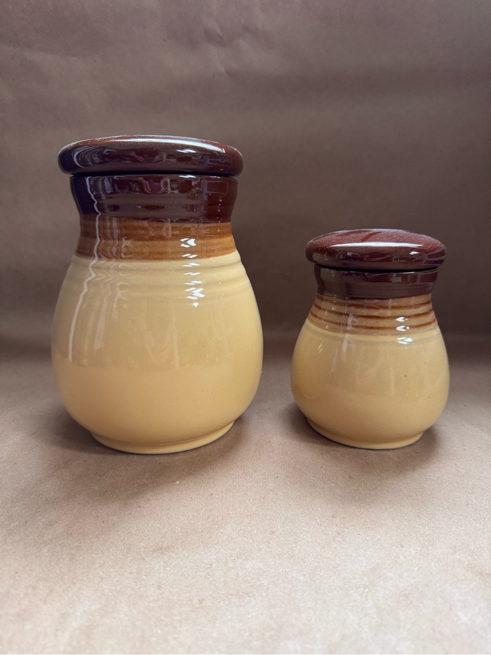 Vintage Japanese Brown Oven To Table Stoneware Lidded Canisters (7” & 5”)